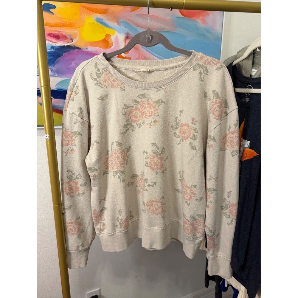 Lucky Brand Floral Rose Print Sweatshirt Cream Pink Large Pullover Crewneck